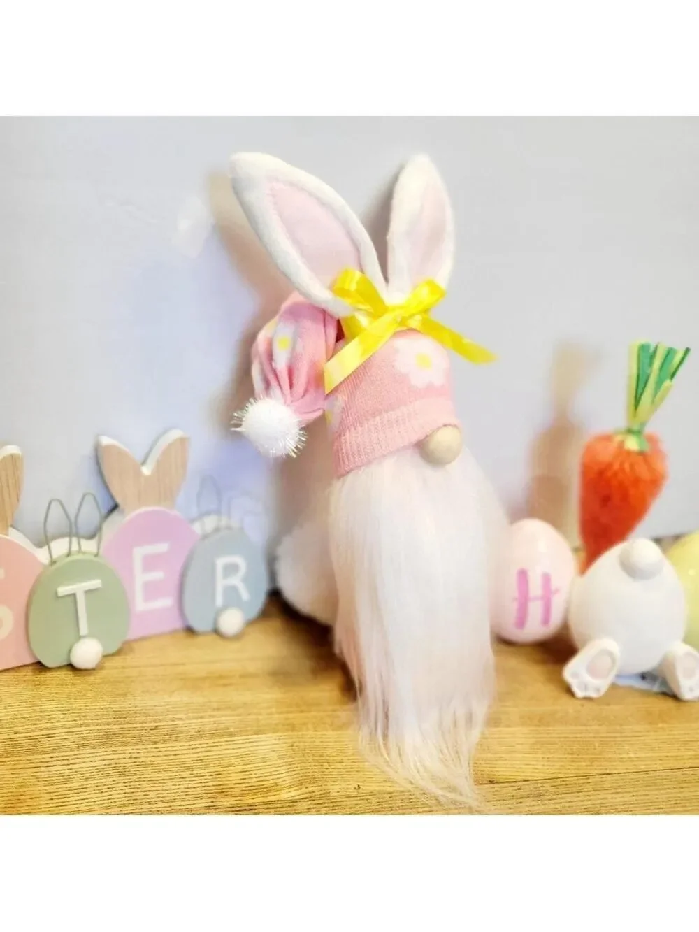 Pink Easter Bunny Gnome with Yellow Bow Decor 11 Inch